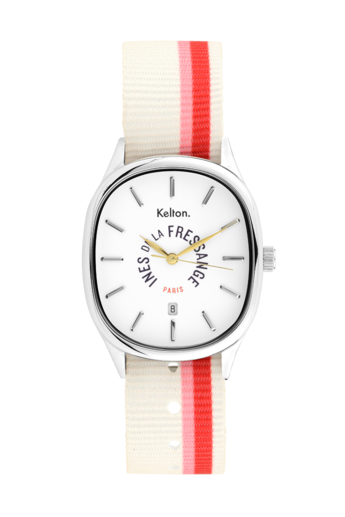 montre Kelton x Ines de La Fressange blanche avec rayure rouge et rose
