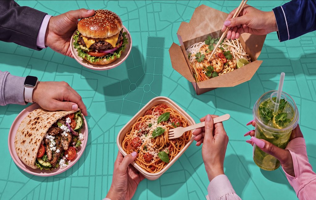 Tableau vivant de nourritures : burger, kebab, spaguettis, boisson au citron